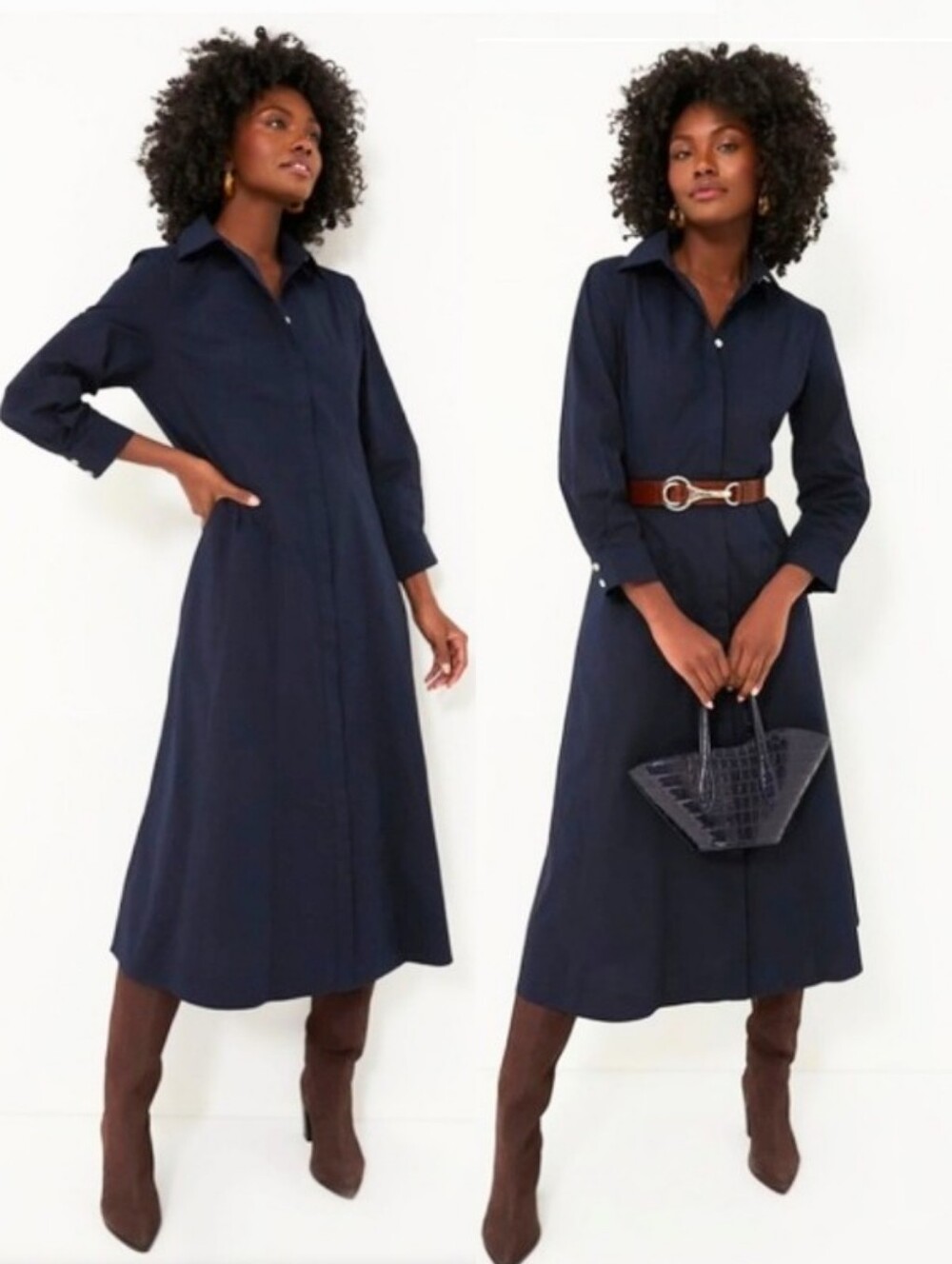 Tuckernuck Women's Dark Navy Briana Long Sleeve Midi Shirt Dress  Cotton Size S